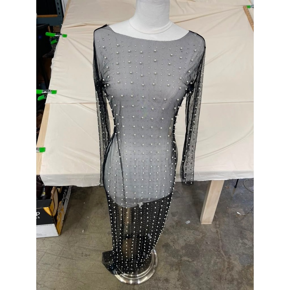 Black Sheer Mesh Pearl Rhinestone Long Sleeve Maxi Dress Bodycon Event Gown M